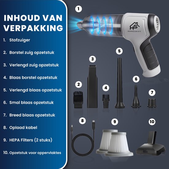 HomeShift® Autostaubsauger Cordless V2 - Krümelsauger - Handstaubsauger - Kleinstaubsauger - Schnurloser Staubsauger - Air Duster - Nass & Trocken - Grau