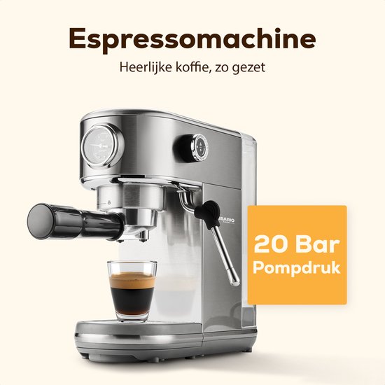 KitchenLove Kolbenmaschine - Edelstahl Espressomaschine - 20 Bar - manuell - mit Dampfdüse