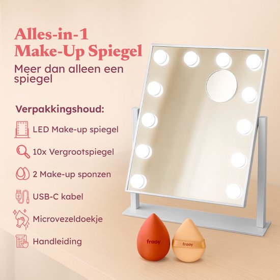 Fraay® Hollywood Spiegel mit Beleuchtung 41x30cm - 3 Lichtstufen - Schminkspiegel mit 10-facher Vergrößerung - LED-Beleuchtung dimmbar - inkl. Beauty Blender und Puderquaste