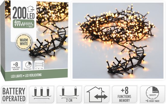 Micro Cluster 200 led - 4m - warmweiß - Batteriebetrieben - 8 Lichtfunktionen - Memory - Timer