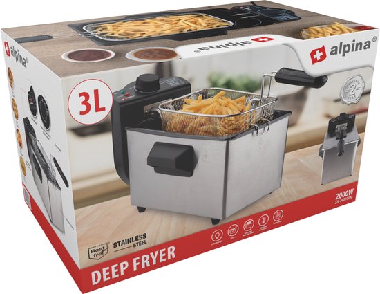 alpina Friteuse - Bratpfanne - 3 Liter - 2000 Watt - Edelstahl - Mit Thermostatknopf