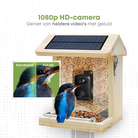 Vogelfutterhaus - Vogelhaus mit Kamera - Holz - AI-Vogelerkennung - 1080 HD - Audio - Mit Solarpanel