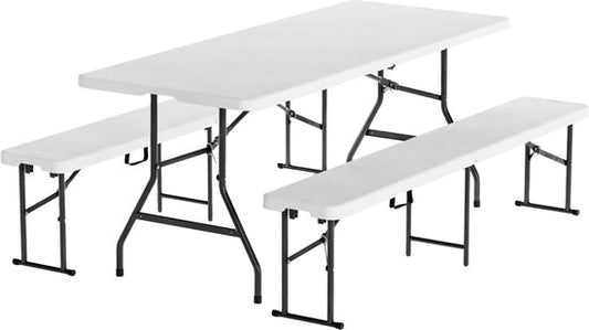 LifeGoods Faltbares Picknick-Set - 180cm x 74cm - Gartentisch mit 2 Bänken - Wetterfest - Campingtisch - Biertisch faltbar - Für Innen und Außen - Für 6 bis 8 Personen - Weiß