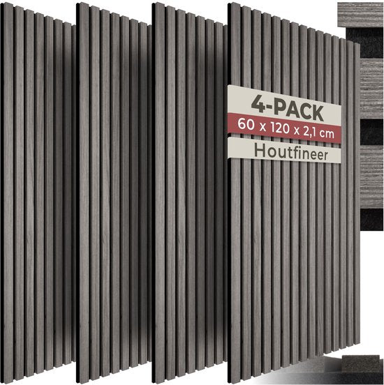 tectake® Akustikpaneele - 4er-Set - Akustik-Wandpaneele - 60 x 120 cm - 2,88 m² - Wandpaneele mit verstellbarer Größe - Lattenwand aus MDF und Holzfurnier - Schalldämmung - Stilvolle Wanddekoration - Einfache Montage - Eiche Hellgrau