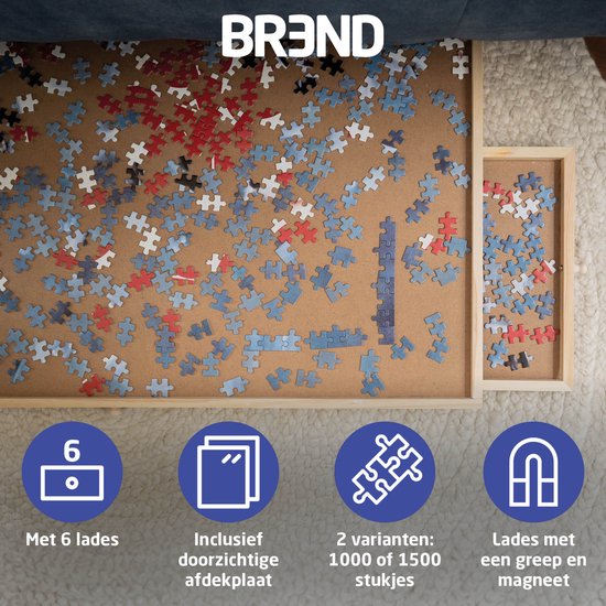 BR-2217 Puzzlebrett für 1500 Puzzleteile mit 6 Schubladen - Puzzlebrett mit Aufbewahrungssystem -- Puzzlematte aus Holz - Puzzletisch mit Abdeckplatte