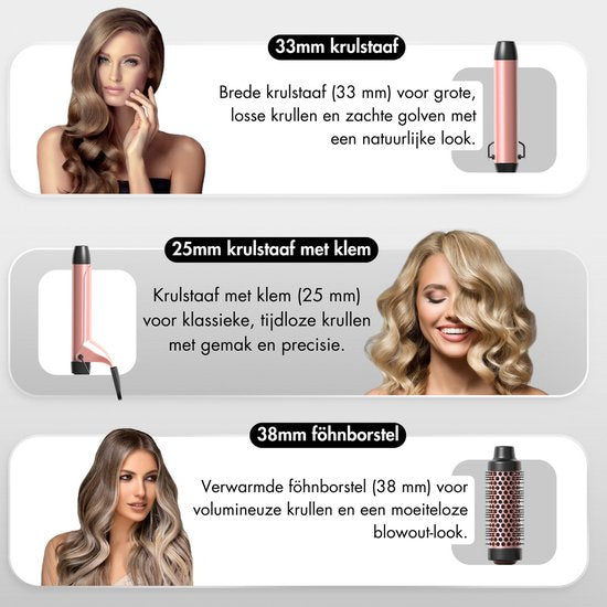 Sansbeauté® 7 in 1 Lockenstab - Mit Klemme und Waffelzange - Keramik-Lockenstab - 13mm bis 38mm - Für kurzes Haar - Wärmebürste - Lockenzange - Thermobürste - Haarstyler