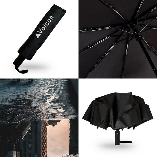 Volcan Storm Umbrella Foldable - Regenschirme - Faltbar - Ø 110 cm - Winddicht bis zu 100km p/h - Großer Regenschirm - Automatik - Schwarz