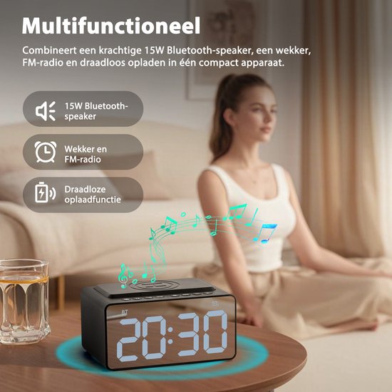 Digitaler Wecker - mit Radio, Bluetooth und kabellosem Ladegerät - Radiowecker - Snooze-Funktion - Schwarz - von Faas