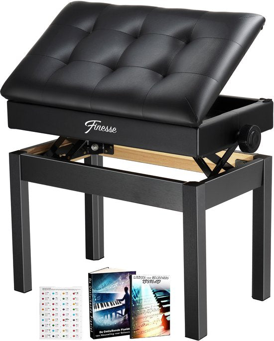 Finesse Premium Klavierbank - höhenverstellbar - mit Ablage - weiches Polster - Klavierhocker - Klavierstuhl - Schwarz