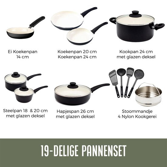 COOCK 19-teiliges Induktionskochgeschirr-Set - Spezielle Antihaftbeschichtung - Ergonomische Kaltgriffe - Recyceltes Aluminium - Bratpfannen-Set - Kochtopf-Set - Schwarz/Weiß - Inklusive Untersetzer und E-Book