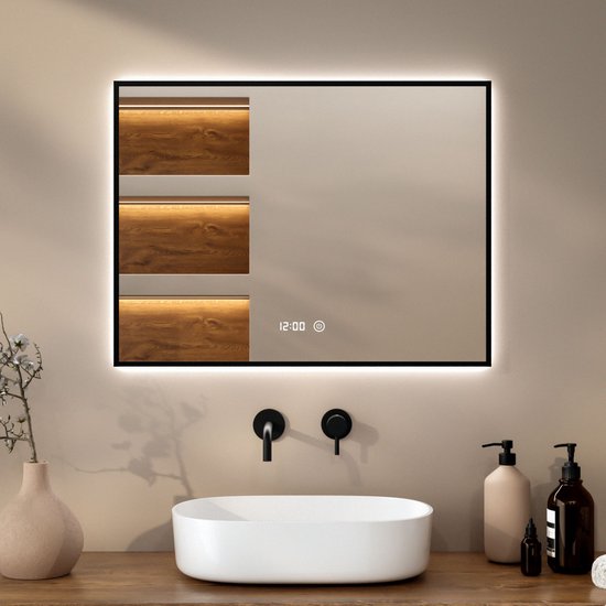 Mirlux Badezimmerspiegel mit LED-Beleuchtung & Heizung - Rechteckiger Wandspiegel - Anti-Kondensations-Duschspiegel - 80x60CM - Schwarz