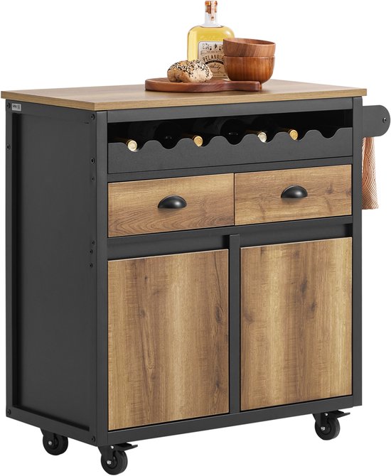 SoBuy Küchenwagen mit Rädern, Kücheninsel mit Flaschenhalter, 2 Schubladen und 2 Türen, Vintage Braun, 89x40x87 cm, Anrichte und Vorratsschrank - FKW122-SCH