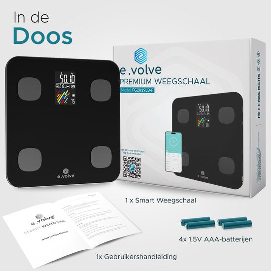 e.volve Waage Personenwaage Digital - 16 Messungen - Intelligente Waage mit Körperanalyse - Präzisionswaage - Waage - Digitale Waage - Inkl.