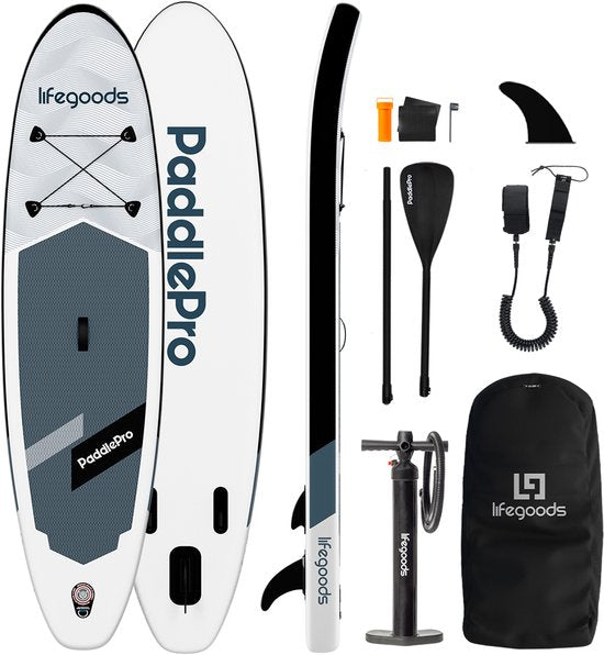 LifeGoods SUP Board All-round Compact - 100 KG Belastbarkeit - 300 x 76 cm - Aufblasbar - SUP-Komplettpaket - Weiß/Schwarz