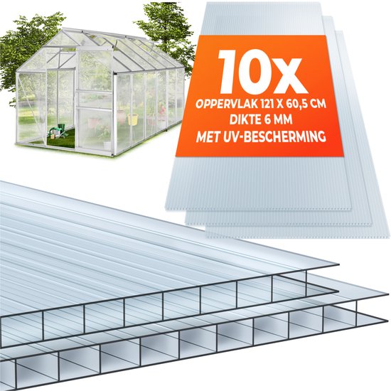 tectake® - 10er Set Polycarbonatplatten - Stabile, lichtdurchlässige, UV-beständige Hohlkammerplatten - 121 x 60,5 cm - 7,32m² gesamt - Transparent - Gewächshausfolie - 6mm stark