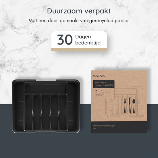 Deleca Ausziehbarer Besteckeinsatz mit 8 Fächern - Besteckschubladen-Organisator - Küchenschubladen-Besteckorganisation - Besteckhalter Küche - 57 x 38 cm - Kunststoff / Schwarz