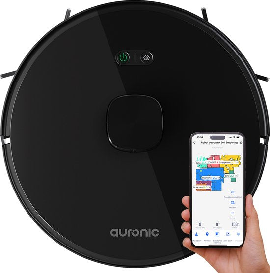 Auronic Staubsaugerroboter - Mit Wischfunktion - WiFi und App - Ladestation - Haustiere - Wischroboter - Lasernavigation - Schwarz