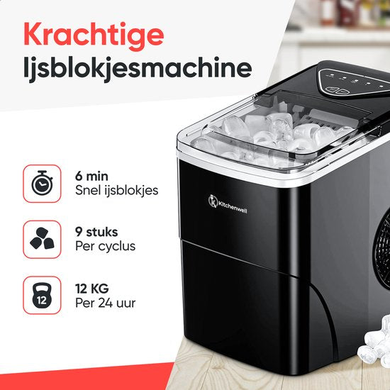 Kitchenwell Eiswürfelbereiter - 2L - Mit Eisportionierer - 12kg/24 Stunden - Selbstreinigungsfunktion - Schwarz