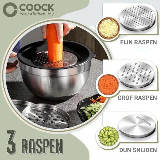COOCK Edelstahl Rührschüsselset mit Deckel - Bratschüsseln mit Deckel - Vorratsschüssel mit Reibe - Schüssel für Salate & Mischungen - 22-teiliges Set 1,5 bis 5 Liter - Inkl. Messlöffel