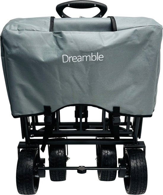 Dreamble® | Wagon | Grau | Bis zu 140KG | 120L | Zug- und Schiebefunktion | Dicke weiche Bodenmatte 4cm - für Kinder | Extra große Räder Ø20cm | Extra Stauraum | 130x110(LxH) | 2 Taschen außen, 1 Tasche innen mit Reißverschluss | Fußbremse | Schutzhülle