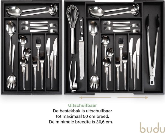 Budu Extendable Bamboo Cutlery Tray #47 (47 cm tief) - Schwarz - Besteckkassette Holz - Besteckschublade - 47 x 30.6 - 50 cm - 6/8 Fächer