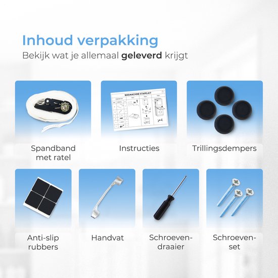Skoov Abstandshalter für Waschmaschine & Trockner - Stapelset - Mit ausziehbarem Fachboden - Universal - Trockner - Möbel - inkl. Schwingungsdämpfer und Spannband