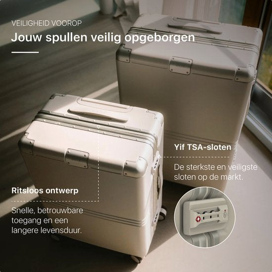 ONYX Hybrid Pro Handgepäck Koffer mit Fronttasche 38 Liter - Recyceltes Polycarbonat und reißverschlussloses Design - Reisekoffer mit TSA-Schloss und Spinner-Rädern - Leichter Trolley mit Laptop-Fach - Elfenbeinweiß