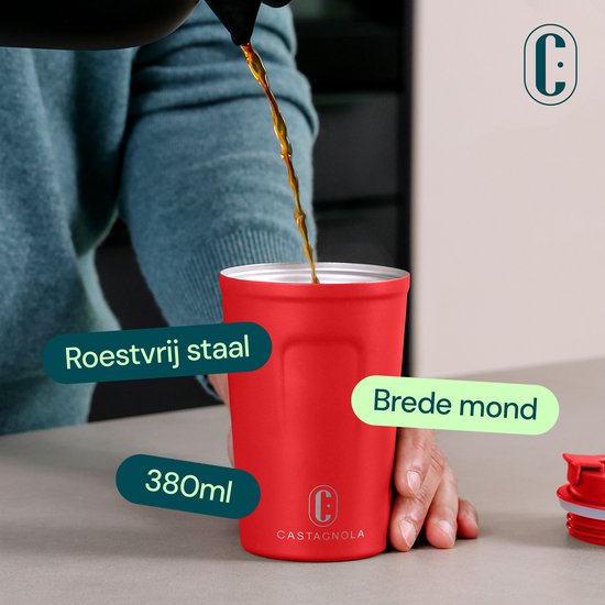Castagnola Thermos Cup - Kaffeebecher To Go - Reisebecher für Kaffee und Tee - Teebecher - 380 ML - Edelstahl - Rot