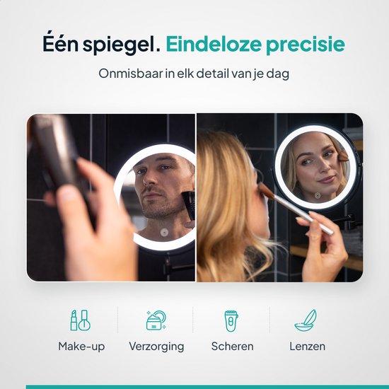 Mirlux Make-up-Spiegel mit Led-Beleuchtung - wiederaufladbar - 5-fache Vergrößerung - Vergrößerungsspiegel mit Licht - Rasierspiegel - Badezimmerspiegel - Schwarz