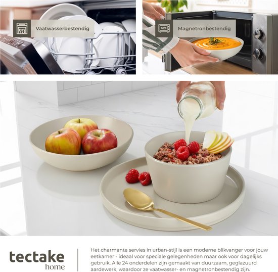 tectake® Geschirrset Una - 24-teilig - Steingut - 6 Personen - Stilvolles und langlebiges Geschirr - Tellerset mit großen und kleinen Tellern, Schalen, Schüsseln, Schälchen - Taupe