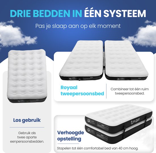 FLOAT Gemina - 3in1 Luftbett mit elektrischer Pumpe - 190x99x20 cm - Feste Luftmatratze - Leichtgewicht für Camping - Zwei 1-Personen-Luftbetten