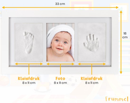 Frummel Fotorahmen Baby (33 x 18 cm) - Tonabdruck (Gipsabdruck Baby) - Besser als Gipsabdruck - Hand-Fuß-Abdruck - Mutterschaftsgeschenk Mädchen / Mutterschaftsgeschenk Junge - Weihnachtsgeschenk