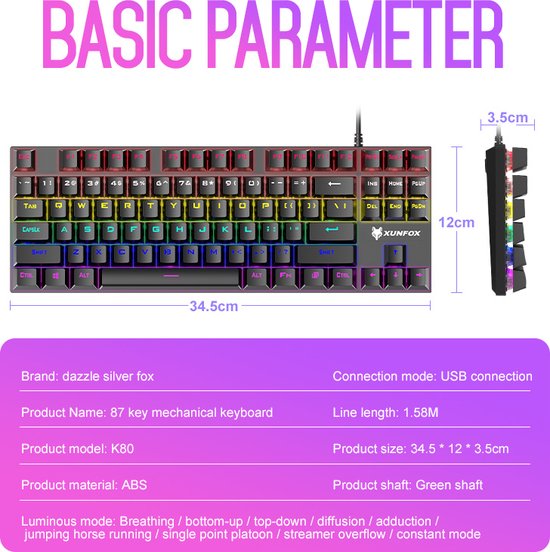 XUNFOX RGB mechanische Gaming-Tastatur - 87 Tasten - Windows/Mac - Blauer Schalter - Anti-Ghosting - Schwarz/Grau