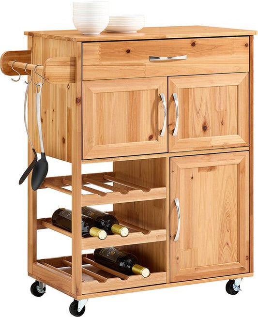 SoBuy Küchenwagen - Mit Schubladen und Weinregal - Mit Rädern und Arbeitsplatte - Kompakt - 66×38×86 cm - Naturfarbe