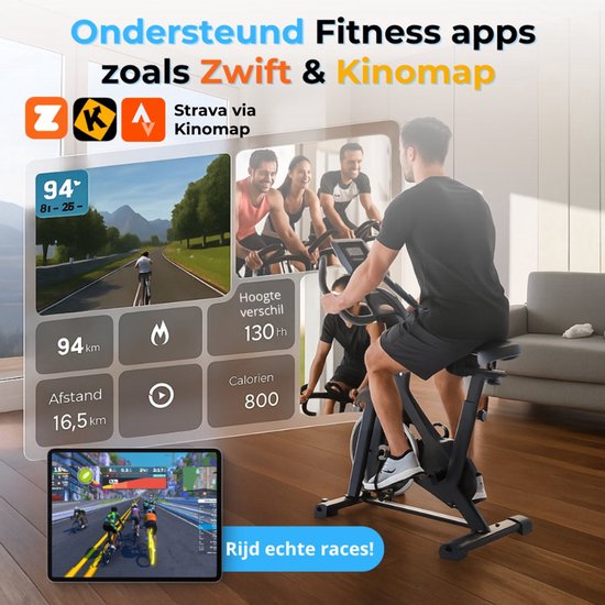 Heimtrainer - Fitness Bike - Spinning Bike - 8KG Schwungrad - Herzfrequenzmesser - Inkl App - Extrem leise