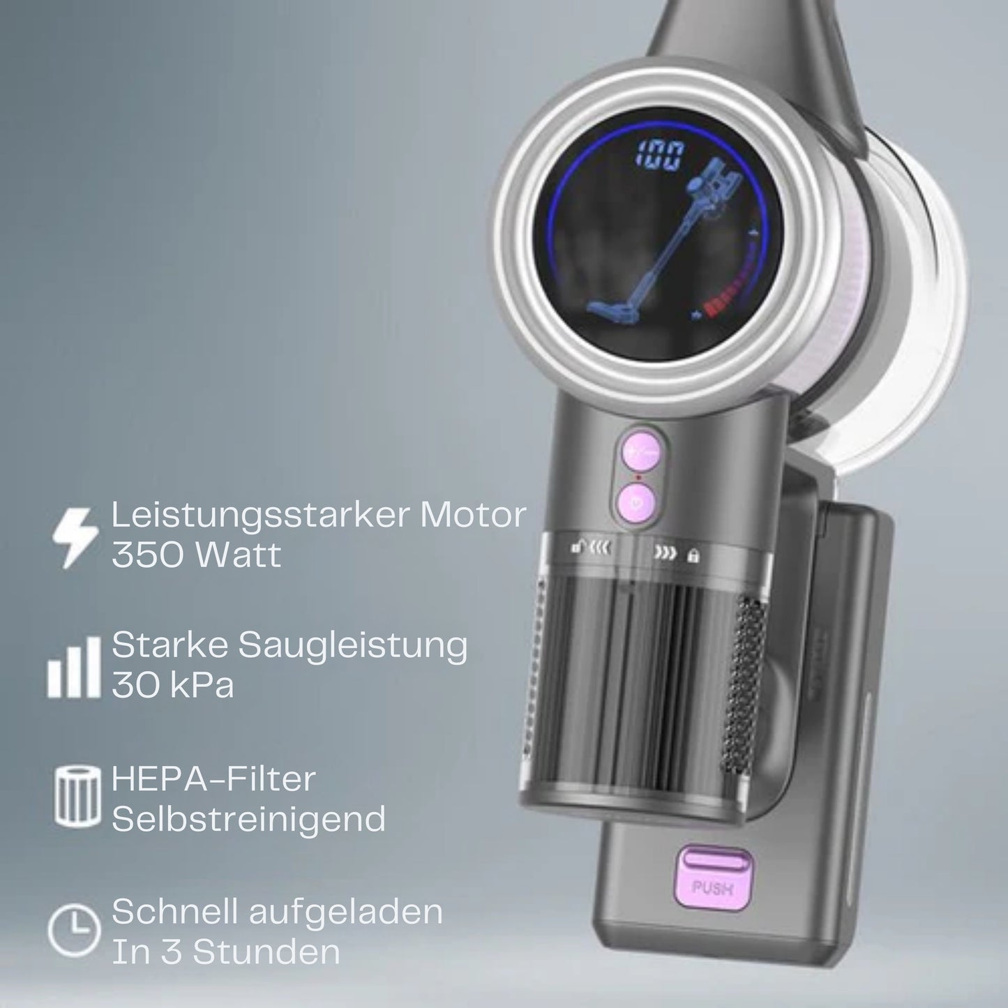 Auronic Stick Staubsauger - Kabellos - Beutellos - Akkubetrieben - Selbstständig - 350W - Extra Akku - Staubsauger - Grau/Lila