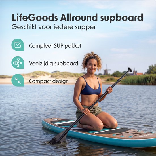 LifeGoods PaddlePro SUP Board - mit Sitz - Aufblasbares Paddle Board - Komplettset - Max. 150KG - 320x81cm - Holz/Blau