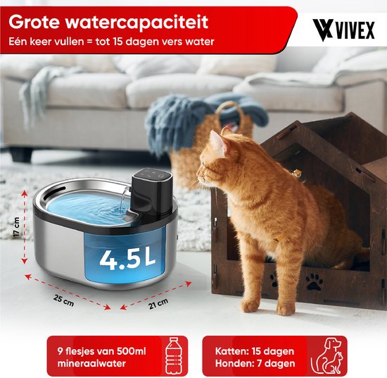 Vivex® Kabelloser Trinkbrunnen - Edelstahl - 4,5 Liter - Trinkbrunnen für Katzen und Hunde - Mit Sensor und Batterie - Inkl. 6 Filtern und Reinigung - Flüsterleise