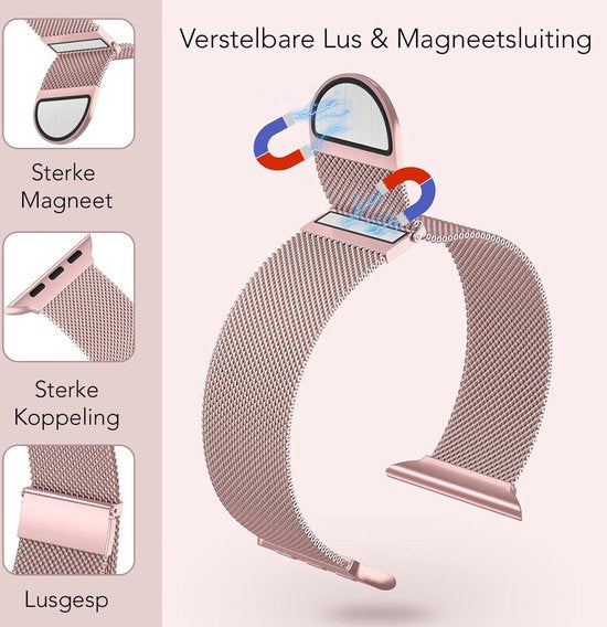 Podec Smartwatch Magnetisches Edelstahlarmband Rose Pink - Passend für Apple Watch - Band Passend für iWatch 38 / 40 / 41 mm - Passend für Serie 1/2/3/4/5/6/7/SE