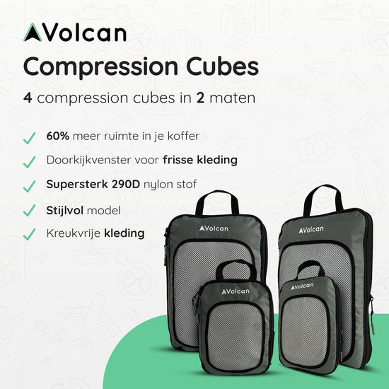 Volcan Compression Packing Cubes - Kofferorganisationsset - 4er Set - mit Kompressionsreißverschlüssen - für Rucksack & Koffer - Botanical Green