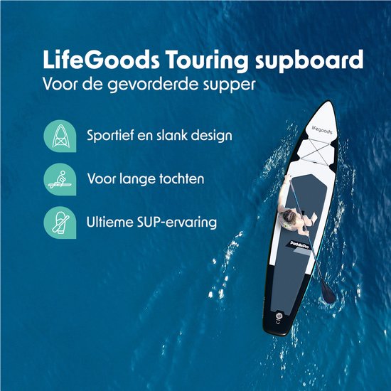 LifeGoods SUP Board Touring - 165 KG Belastbarkeit - 365 x 76 cm - Aufblasbar - Komplettes SUP Paket - Weiß/Schwarz