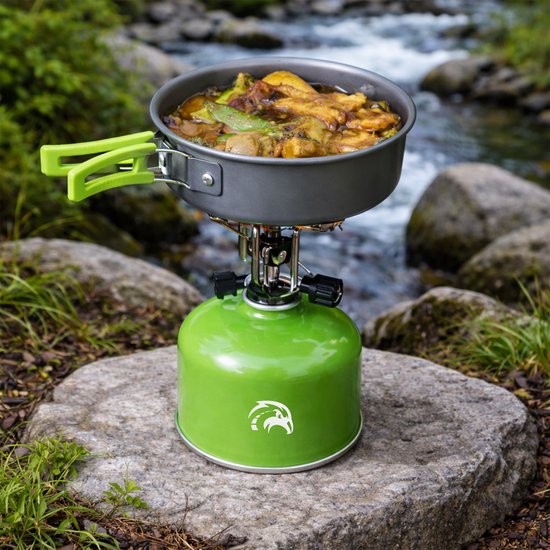 Travelhawk Camping Kochgeschirr - Pfannenset - Aluminium - 8-teilig - Camping Pfannenset - Inklusive Schwamm, Spatel, Löffel, Schüsseln und praktischer Tragetasche