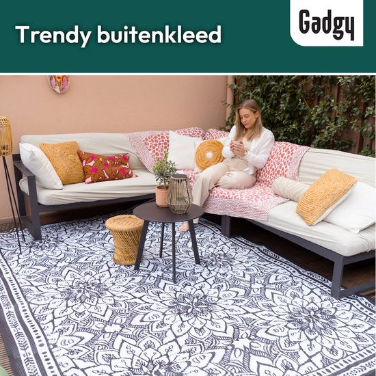 Gadgy Outdoor Teppich XXL - Outdoor Teppich 300x200 cm - Gartenteppich Doppelseitig - Picknickdecke Schwarz Weiß - Outdoorteppich