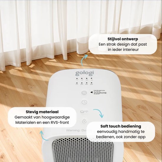 Gologi Heizlüfter mit Thermostat - Elektroherd - Heizung - Heizgerät - Mit App und Touch Control - 1500W