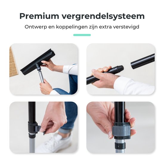 CLEANLY Gummibesen mit Bodenwischer - Barbierbesen - Weicher Besen für drinnen und draußen - Teleskop 114-142 cm - Bürste mit Stiel - Innenbesen - Breite 34 cm - Schwarz, Grau