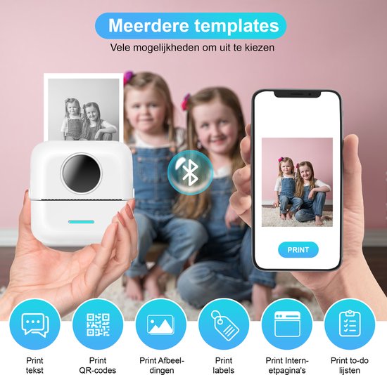 Ilona Mini-Drucker für das Handy - Taschendrucker - Premium Mini-Fotodrucker - Tragbarer Smartphone-Drucker - Mobiler Fotodrucker - Stickerdrucker - Inkl. 5 Rollen Klebepapier + 5 Rollen weißes Papier + 3 Rollen farbiges Papier + 5 Stifte