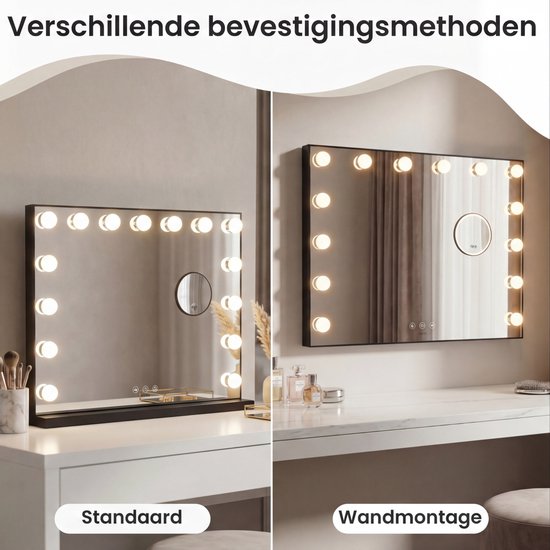 Bayt Hollywood-Spiegel mit Beleuchtung - Make-up-Spiegel mit Beleuchtung - Spiegel mit Beleuchtung - dimmbar - 10x Vergrößerung - 58x46cm - Schwarz