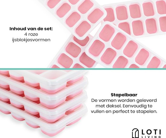 Loti Living Eiswürfelform - 4 Stück - Rosa - Eiswürfelformen - Silikon-Eiswürfelform - Eiswürfel - BPA frei