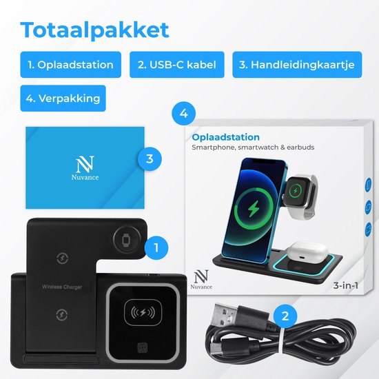 Nuvance Wireless Charger - 3 in 1 - 15W - Ladestation - Schnellladegerät - Wireless Charger - für Smartphone, Smartwatch & Kopfhörer