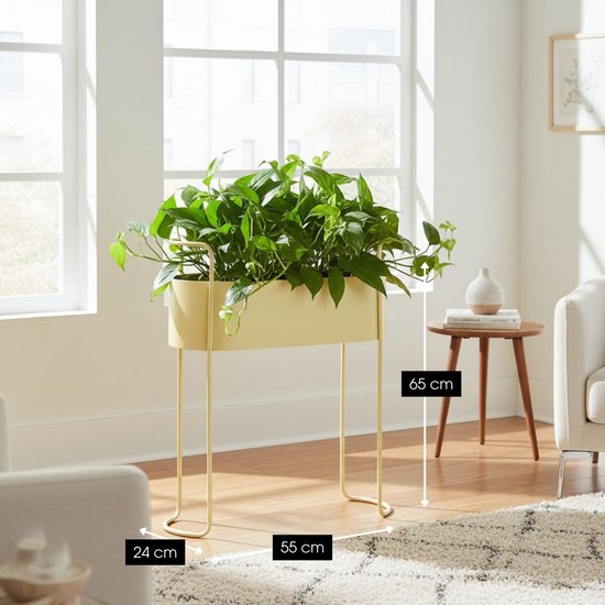 Mica Decorations Moritz Blumentopf auf Ständer – Pflanztopf L 55 x B 24 x H 65 cm – Pflanzenständer aus Eisen – Blumentopf für drinnen oder draußen – Beige